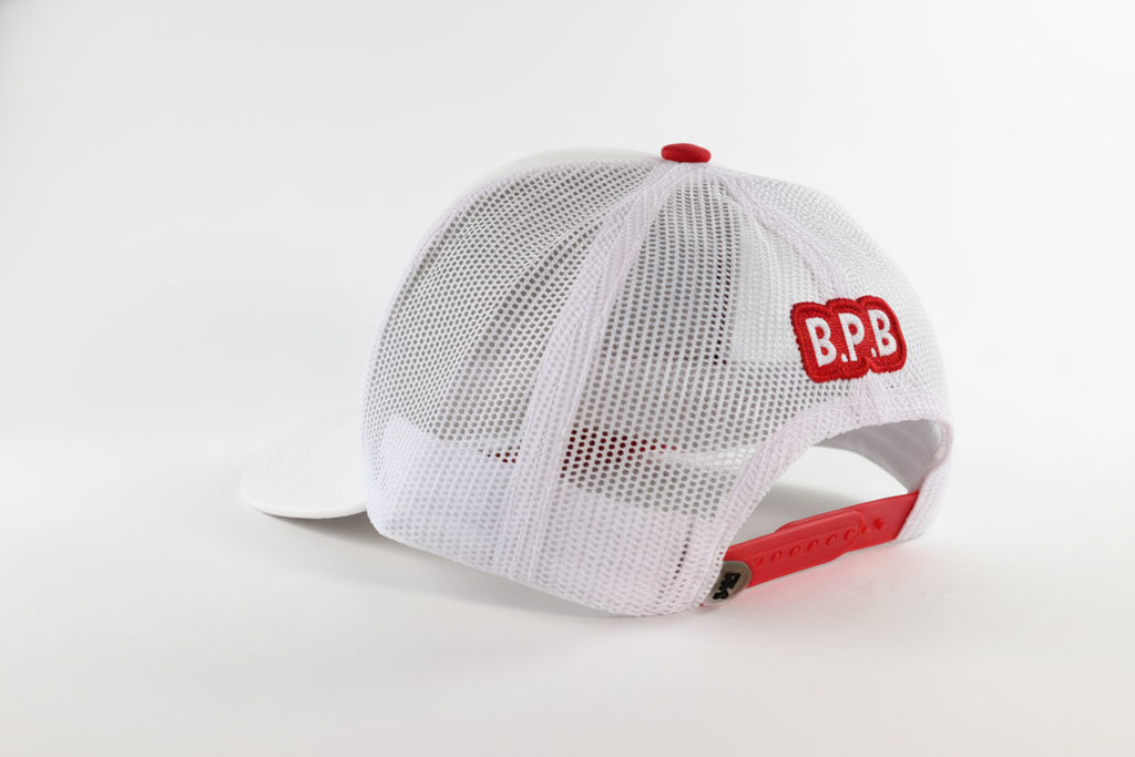White Trucker Cap with Red Details | 3D Embroidered Logo | Stylacho