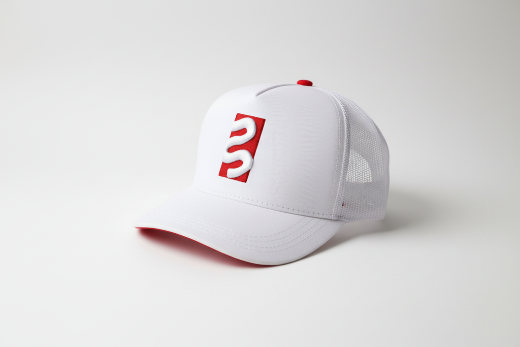 White Trucker Cap with Red Details | 3D Embroidered Logo | Stylacho